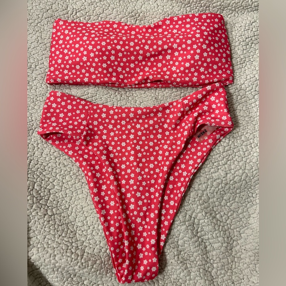 Hot Pink And White Floral Strapless High Waisted Pink And White Shein Bikini Set